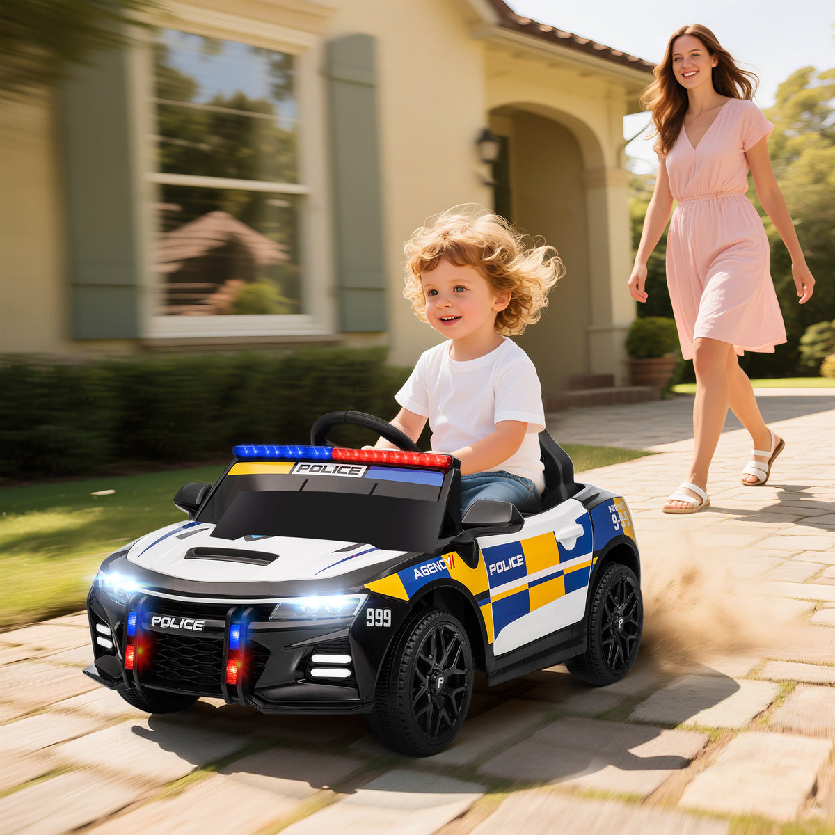 12V Kinderauto Politie met afstandsbediening, sirene, zwaailicht, muziek & claxon, dubbele motor, vering, wit (2)