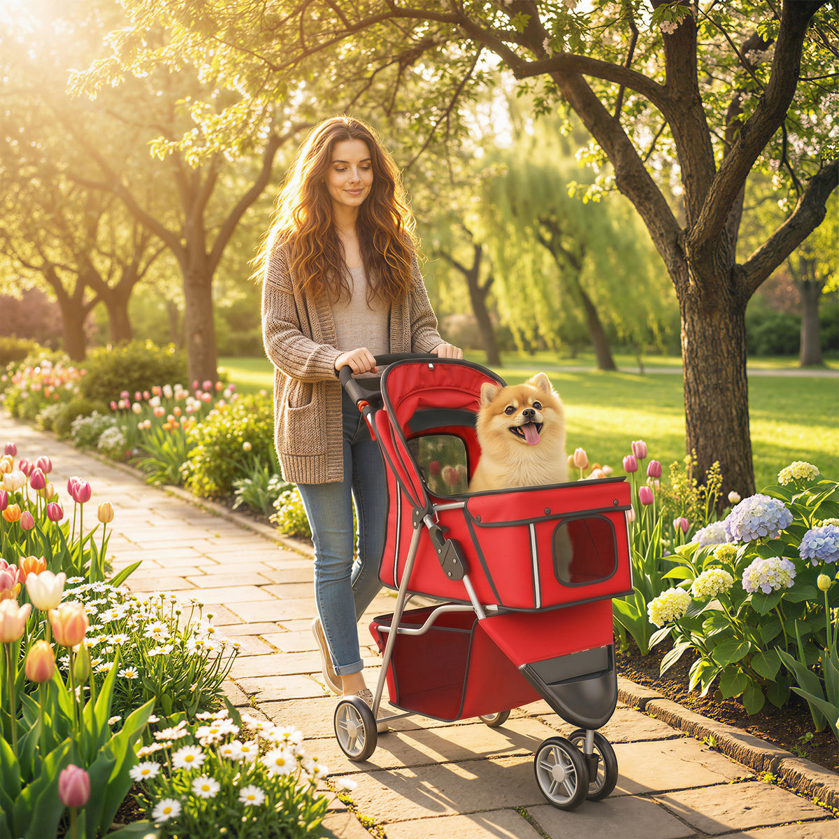 Opvouwbare hondenbuggy met opbergmand, kussen, gaasvensters en bekerhouder voor kleine honden tot 10 kg, rood (2)