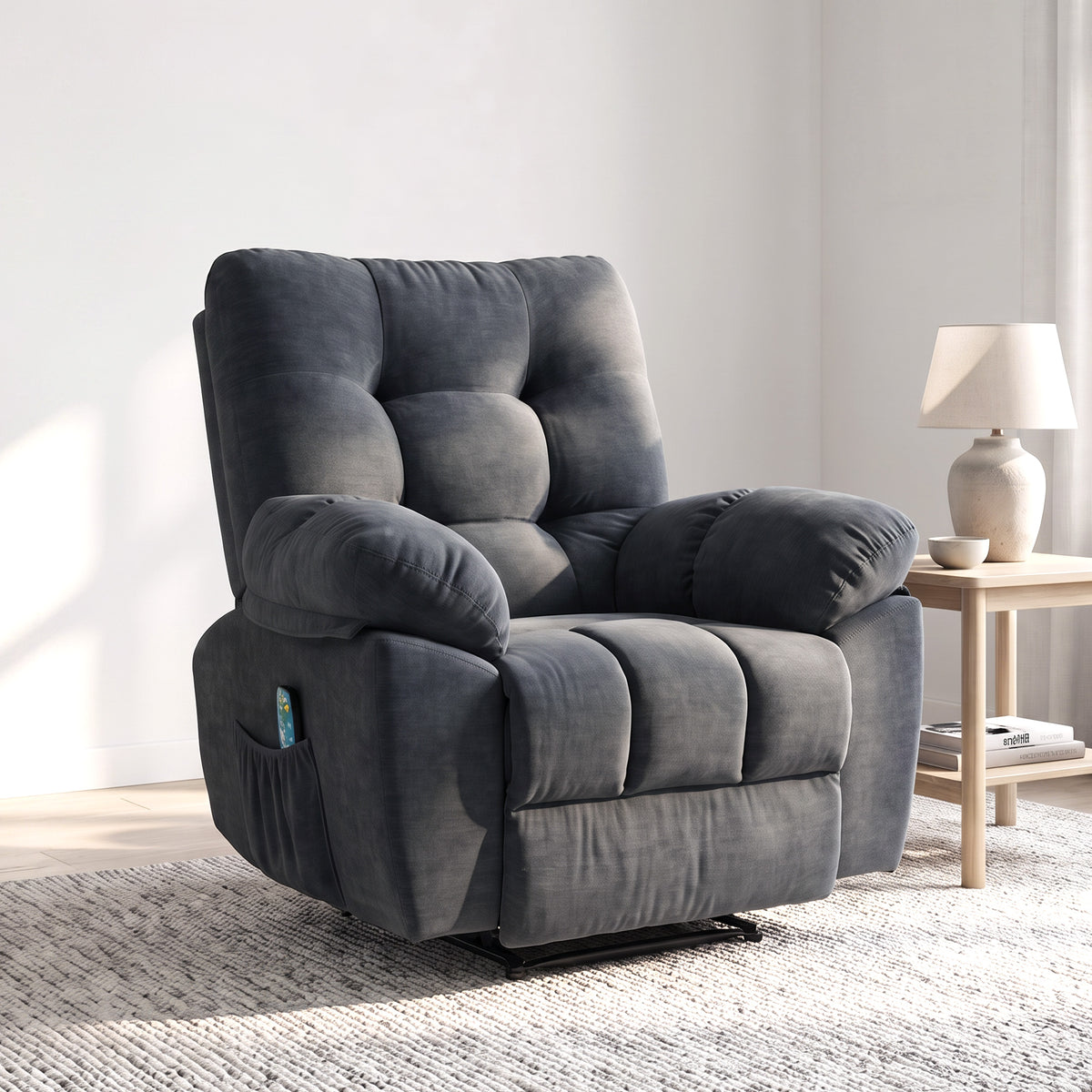 Relaxfauteuil, massage-gestoffeerde stoel met 8 trilpunten, verstelbare voetensteun, zijvak, leunstoel, grijs (2)
