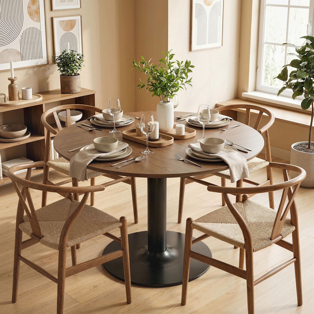 Ronde eettafel voor 6 personen, 110 cm moderne keukentafel met sokkel voor woonkamer, bruine houtnerf (2)
