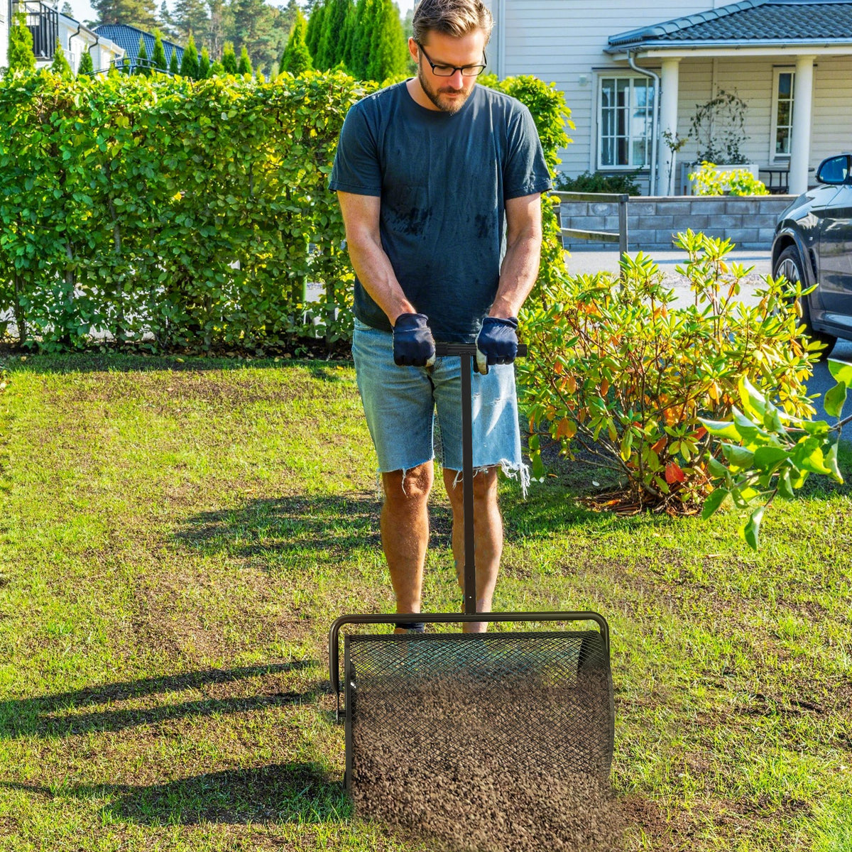 Compoststrooier 75L 61x40cm meststrooier gazon tuin met T-greep gaasmand metaal zwart (2)