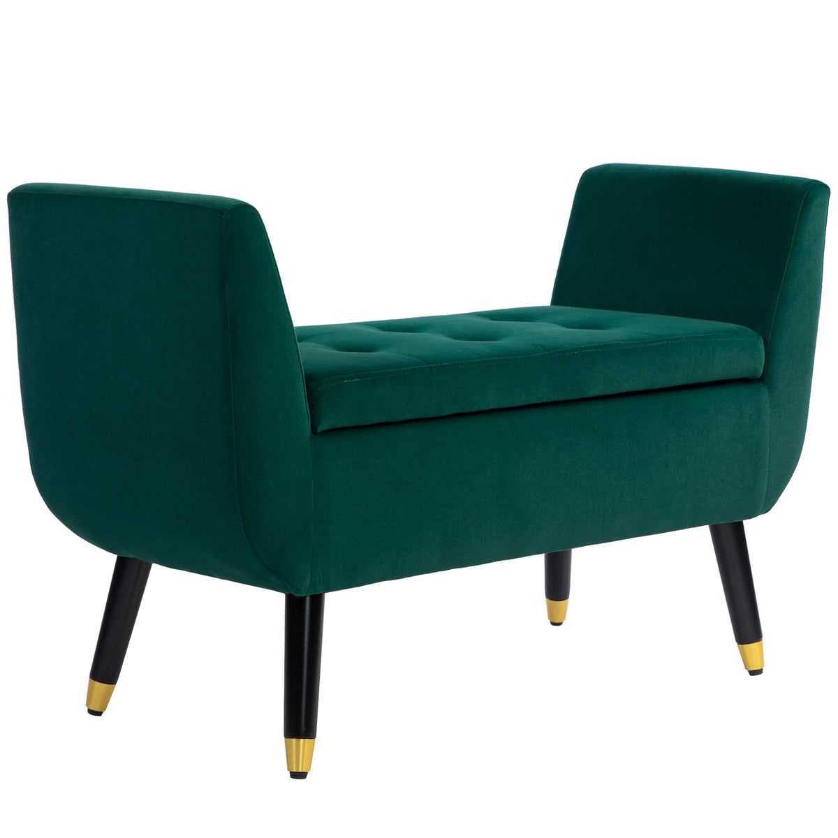 Gestoffeerd bankje met opbergruimte, armleuningen, fluweelachtig polyester, rubberwood, 107 x 42 x 65 cm, groen