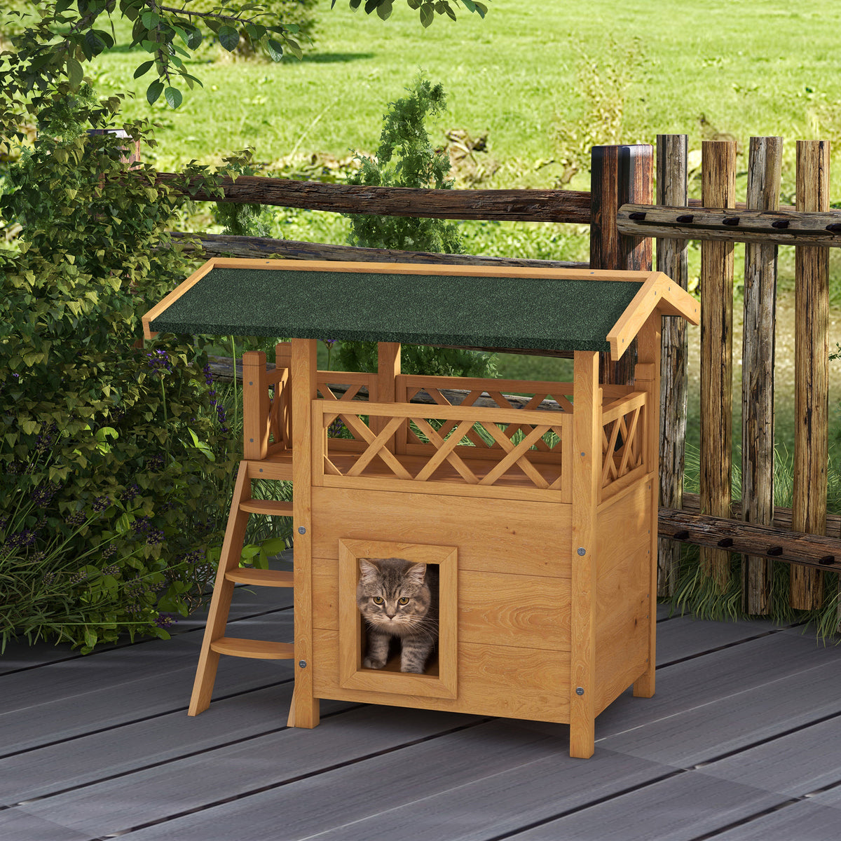 Kattenhuis kattenhut huisdierhut, asfalt dak, 2 niveaus, 1 ladder, natuur + groen (2)