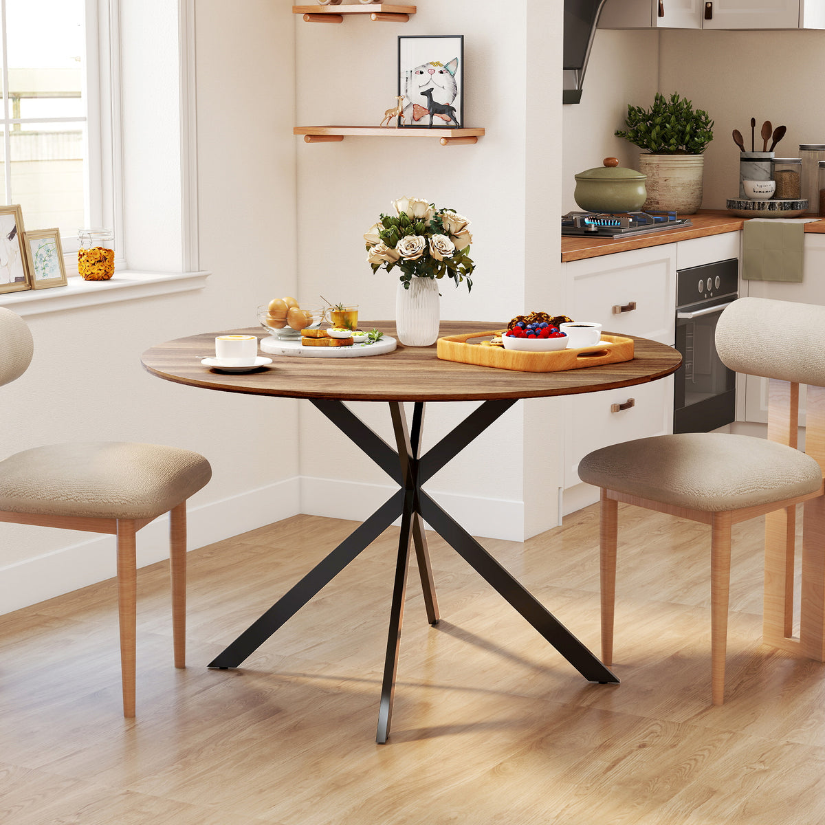 Ronde eettafel voor 4 personen, keukentafel in industriële stijl met stalen poten, voor eetkamer, keuken (2)