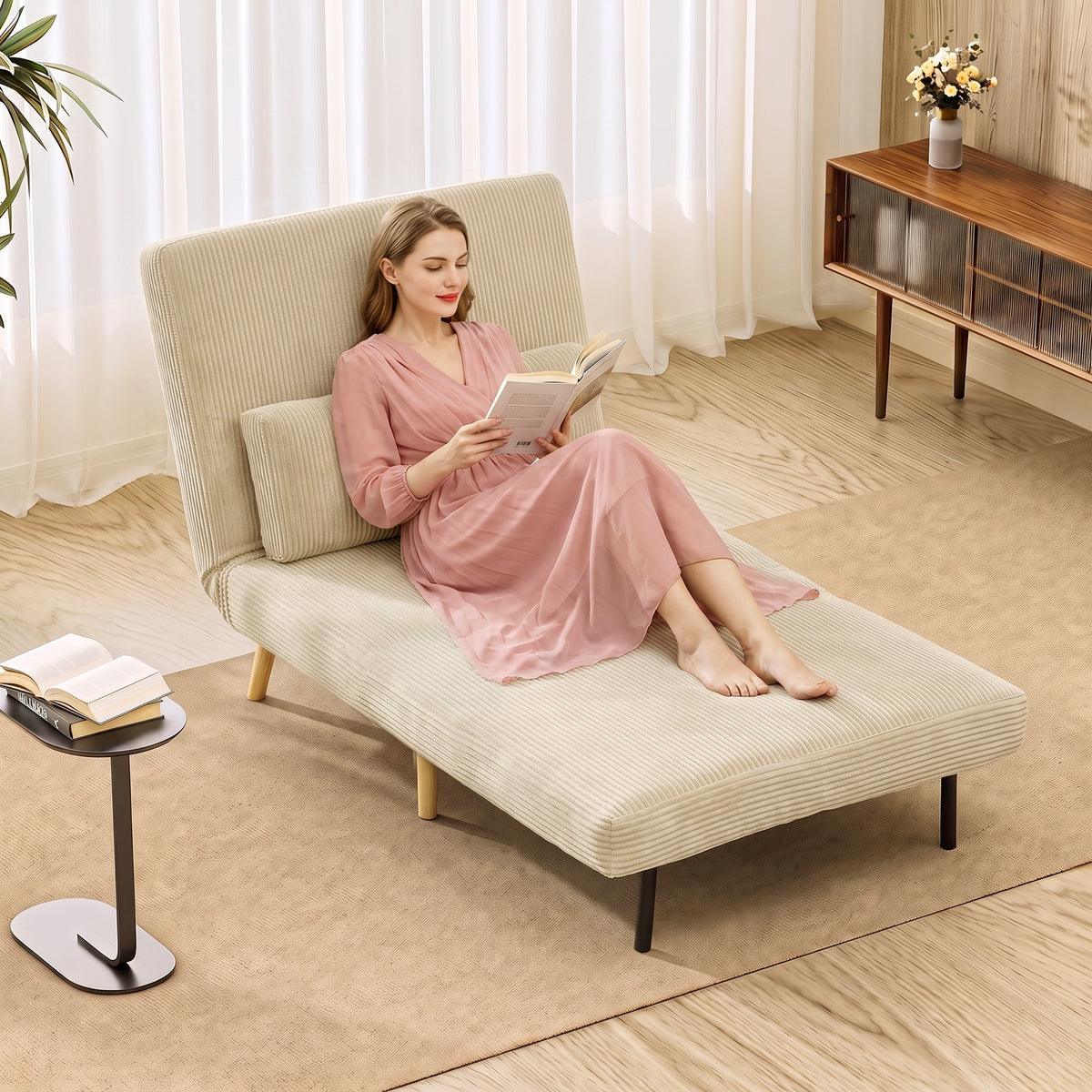 Slaapfauteuil 3-in-1, uitklapbare fauteuil van corduroy met slaapfunctie, verstelbare rugleuning, kussen, beige (2)