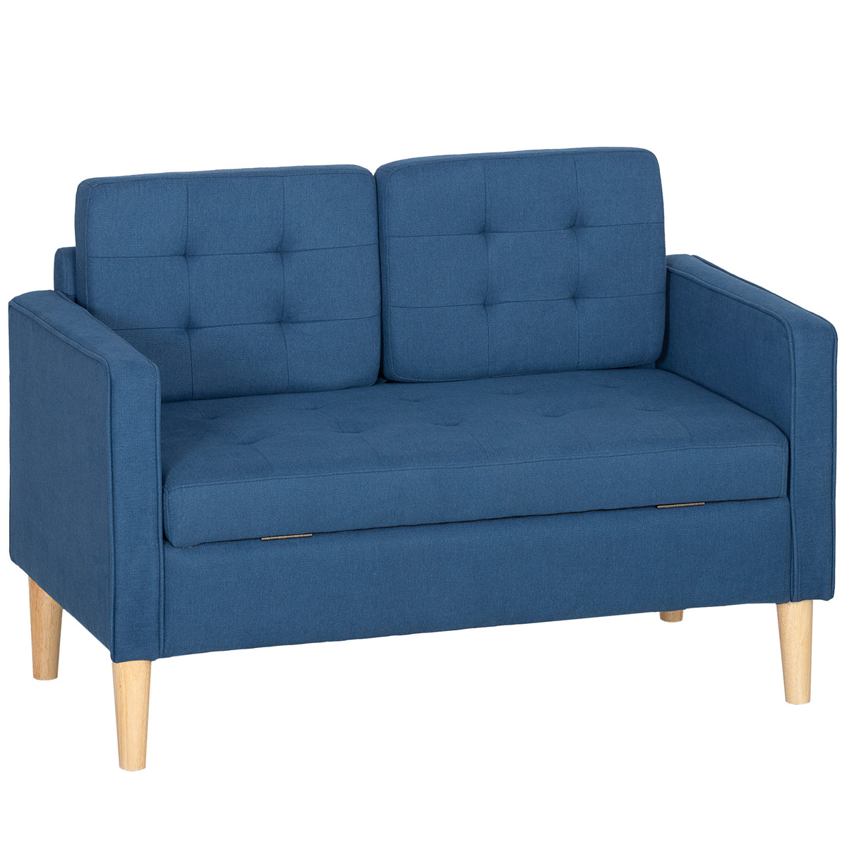 Tweezitsbank met opbergruimte, knoopstiksel, kussens, rubberhout, 117x62x78cm, blauw