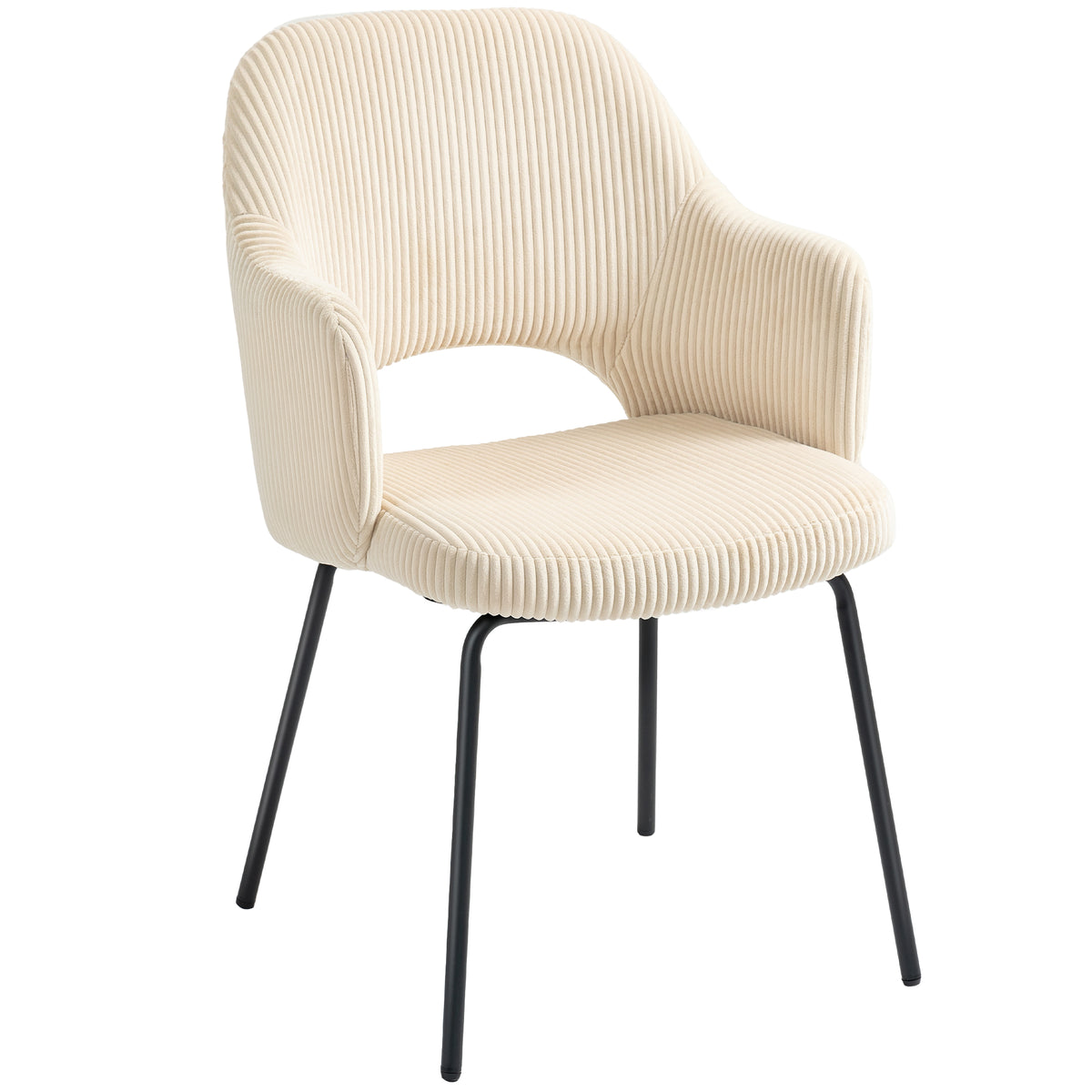 Eetkamerstoel, corduroy bekleding, kuipvorm, metalen poten, vloerbeschermers, beige