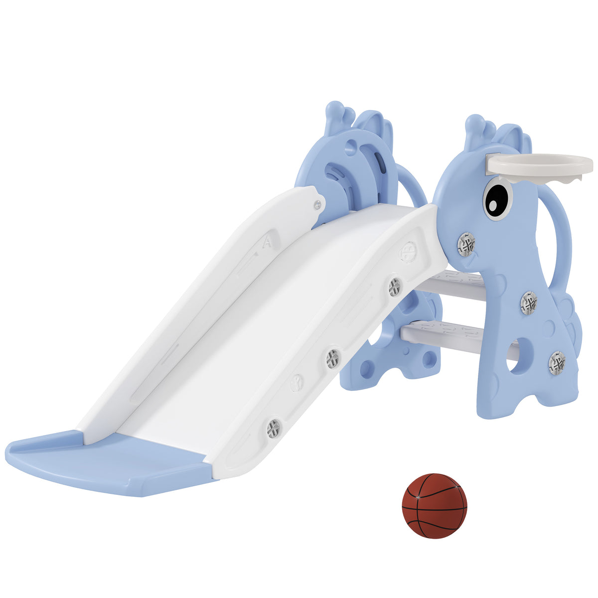 3-in-1 glijbaan voor kinderen, girafvorm, basketbalring, bal, blauw