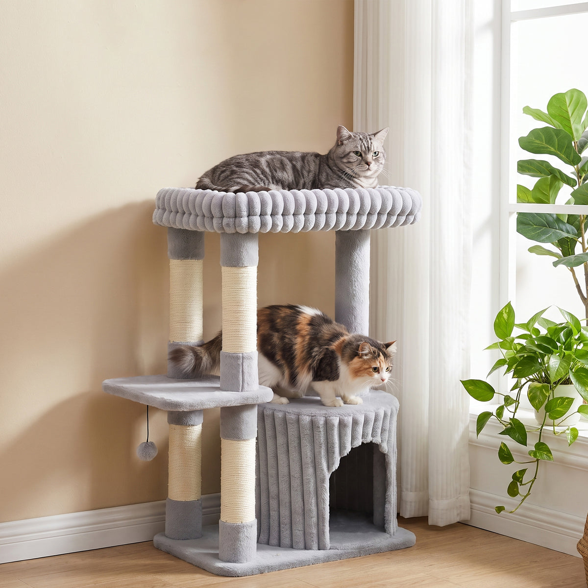 Krabpaal, 93 cm, 3-laagse krabpaal met sisal-krabstammen, knuffelhol, groot ligvlak, platform, tot 6 kg (2)