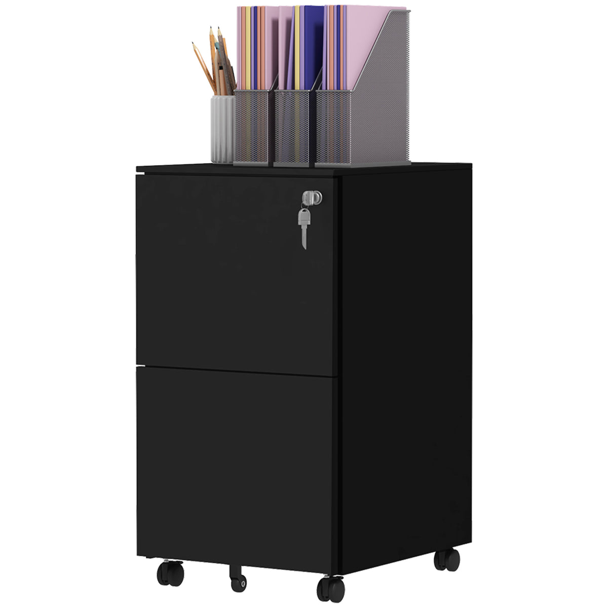 Rolcontainer archiefkast, 2 laden, afsluitbaar, verrijdbaar, 37 cm x 43,5 cm x 67,5 cm, zwart