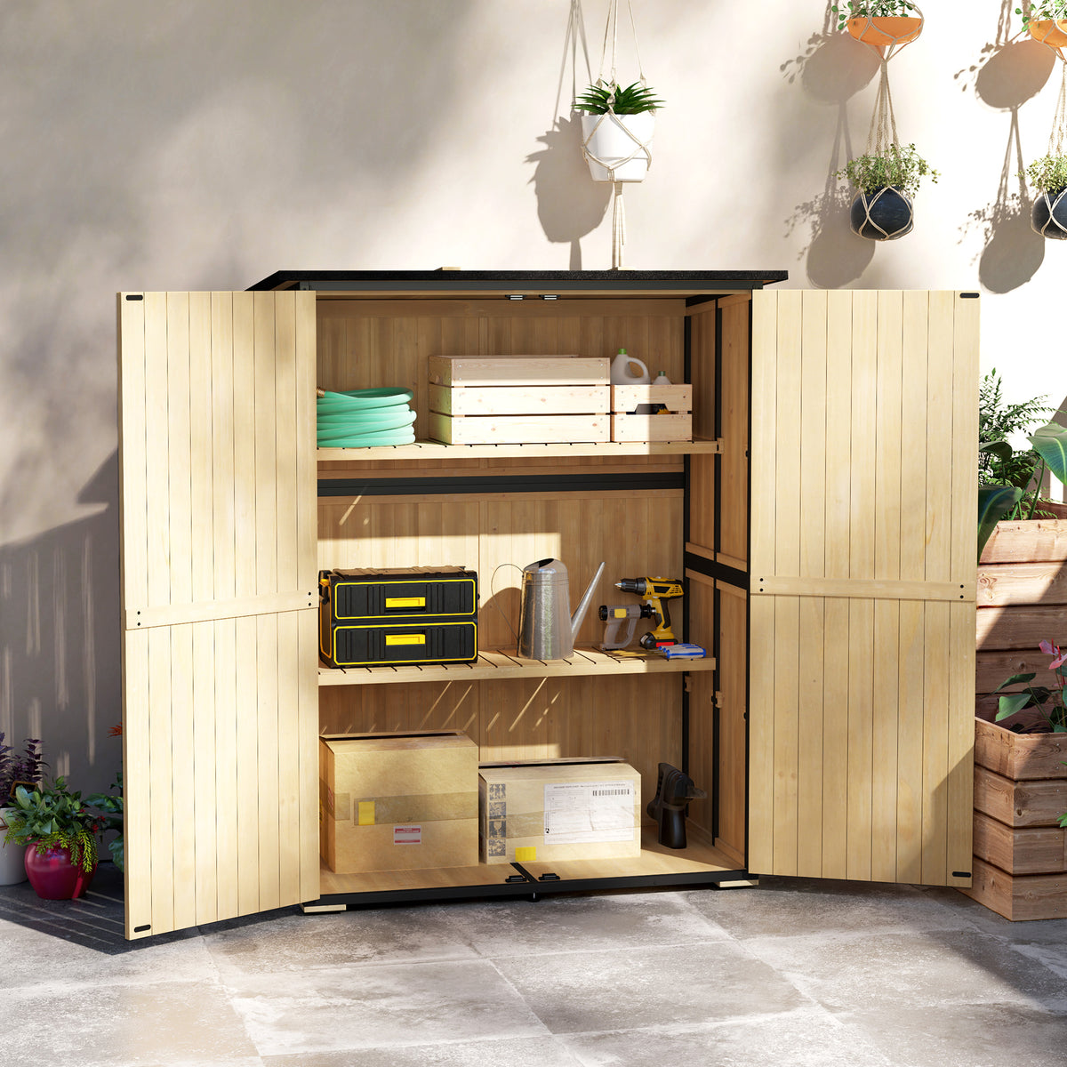 Tuinkast van hout en staal, outdoor gereedschapskast met asfalt dak, 2 planken, afsluitbare deuren, naturel hout (2)
