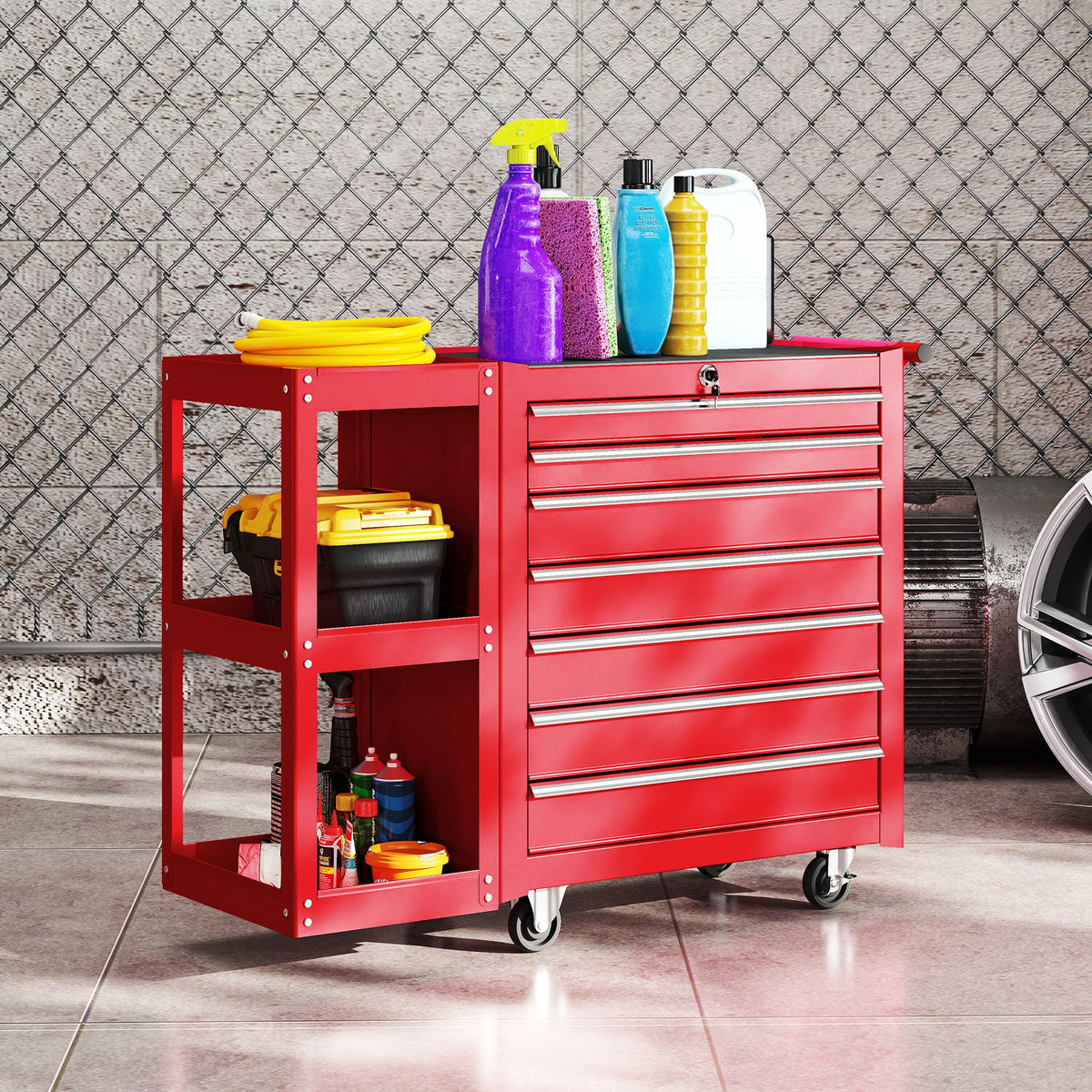 Gereedschapswagen werkplaatswagen met 7 lades afneembaar zijrek 4 wielen met parkeerrem, 96x33,5x75cm, rood (2)