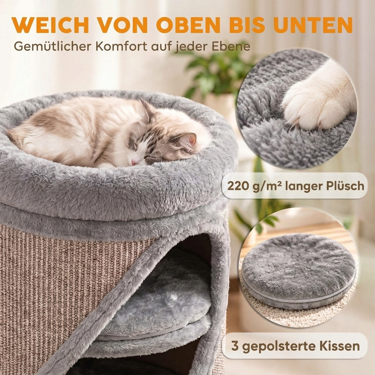 Krabton 75 cm hoog Ø 35 cm 4-laagse kattenmand met 3 holen, afneembaar wasbaar pluche bed sisal-kraboppervlak (6)
