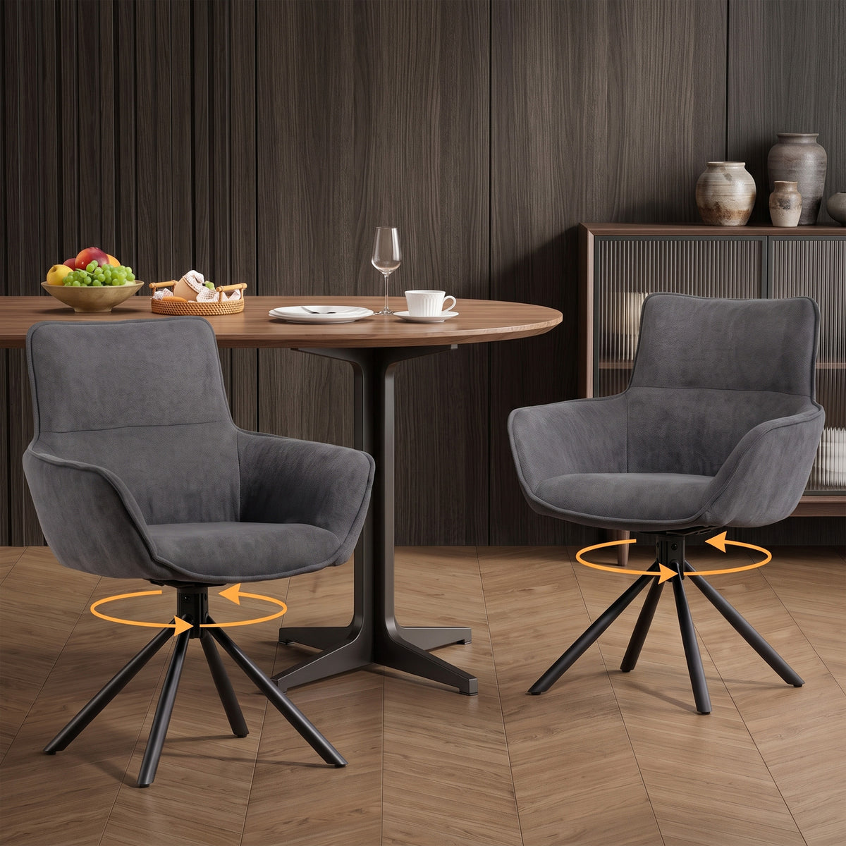 Set van 2 eetkamerstoelen, draaibaar, zacht bekleed, armleuningen, metalen poten, donkergrijs (2)