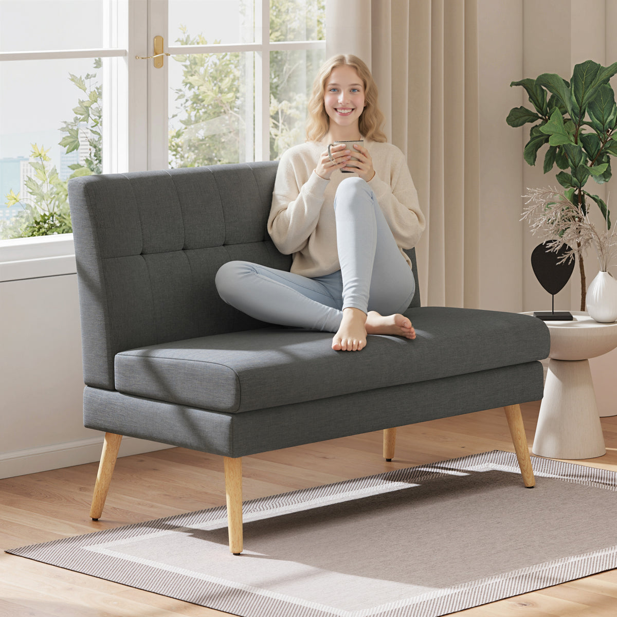 2-zitsbank, gecapitonneerde rugleuning, houten poten, dikke bekleding, linnenlook, voor kleine ruimtes, grijs (2)