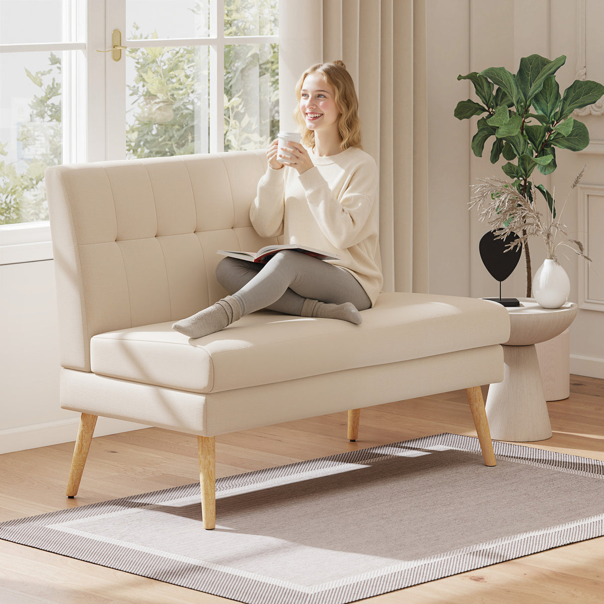 2-zitsbank, getufte rugleuning, houten poten, dikke bekleding, linnenlook, voor kleine ruimtes, beige (2)