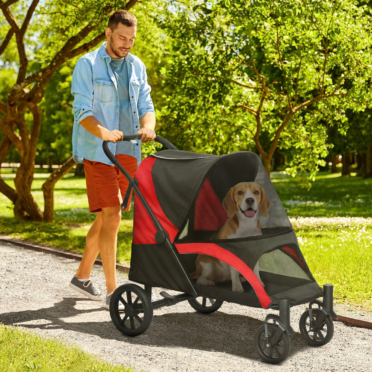 Hondenwagen, inklapbare hondenbuggy voor middelgrote honden, huisdierwagen met 4 wielen, veiligheidslijnen (2)