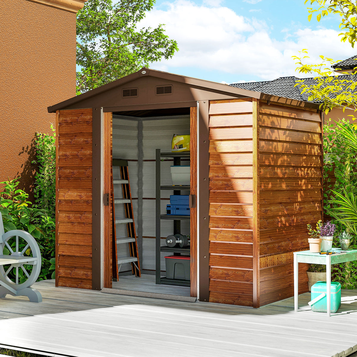 Tuinschuur, gereedschapsschuur, tuinhuis met raam, weerbestendig, houtlook, staal, 152 x 235,7 x 208,7 cm, bruin (2)