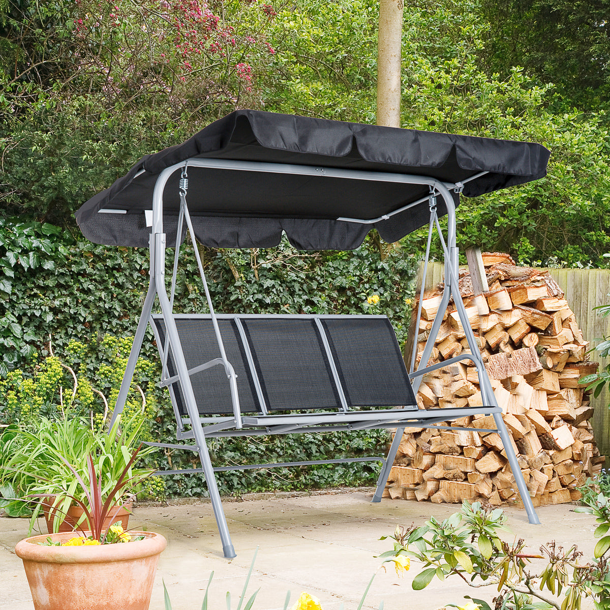 Hollywoodschommel met zonnedak tuinschommel antislipvoeten 171x108x150cm zwart (2)