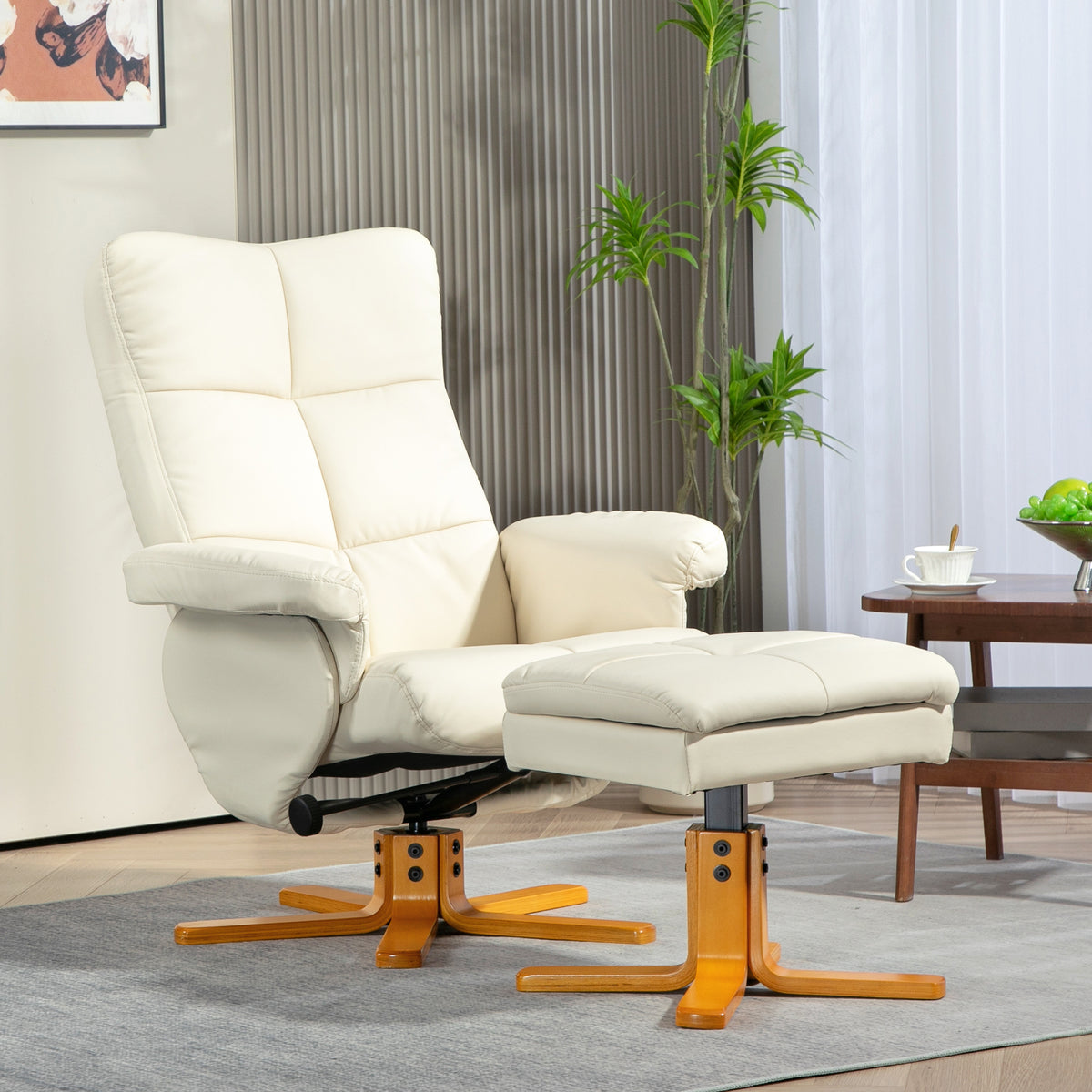 Relaxfauteuil met voetenbank, 145° kantelbare rugleuning, 360° draaibaar, kunstleer, crèmewit (2)