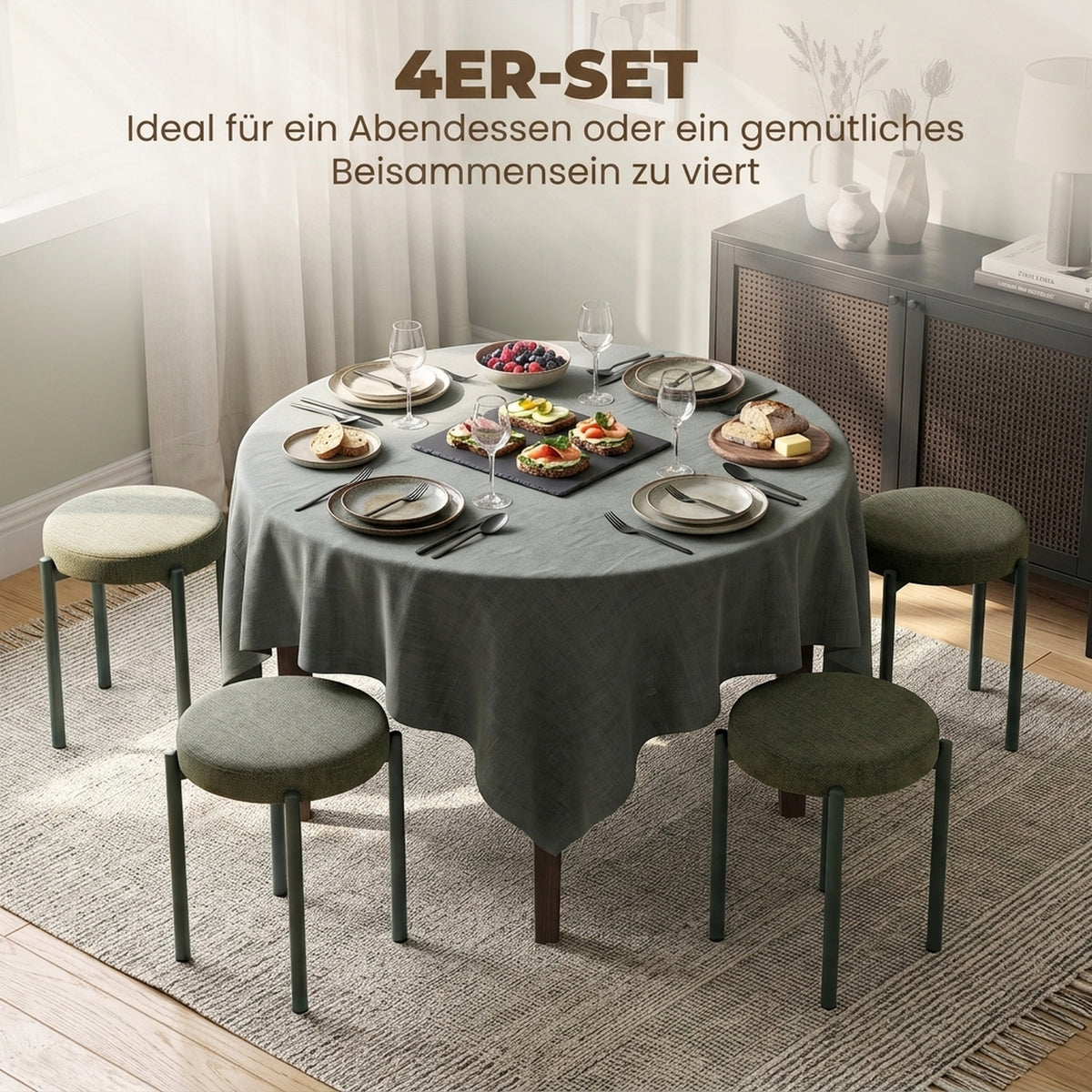 Eetkamerkrukken set van 4 stapelbare krukken met stalen poten, linnenlook voor eetkamer, woonkamer, keuken (4)