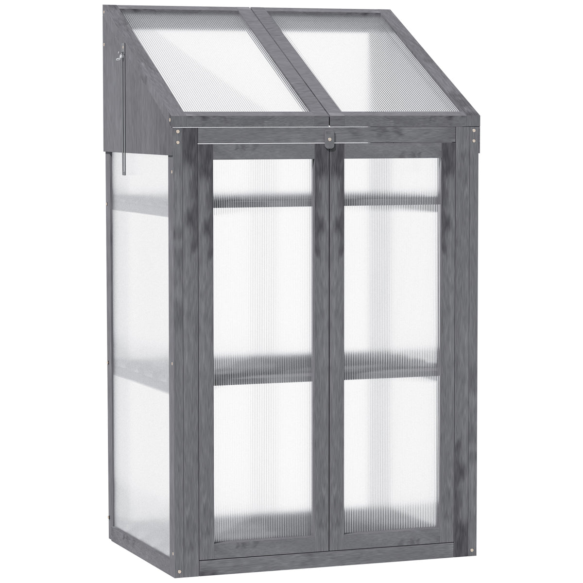 Mini-kas, kleine broeikas met houten frame, ramen en dubbele deur, 3 planken, 70L x 50B x 120H cm, grijs