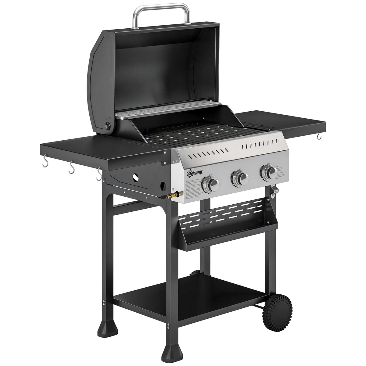 Gasbarbecue 9 kW 3 branders BBQ-grillwagen roestvrij staal incl. inklapbare zijtafel, kruidenhouder, onderplank