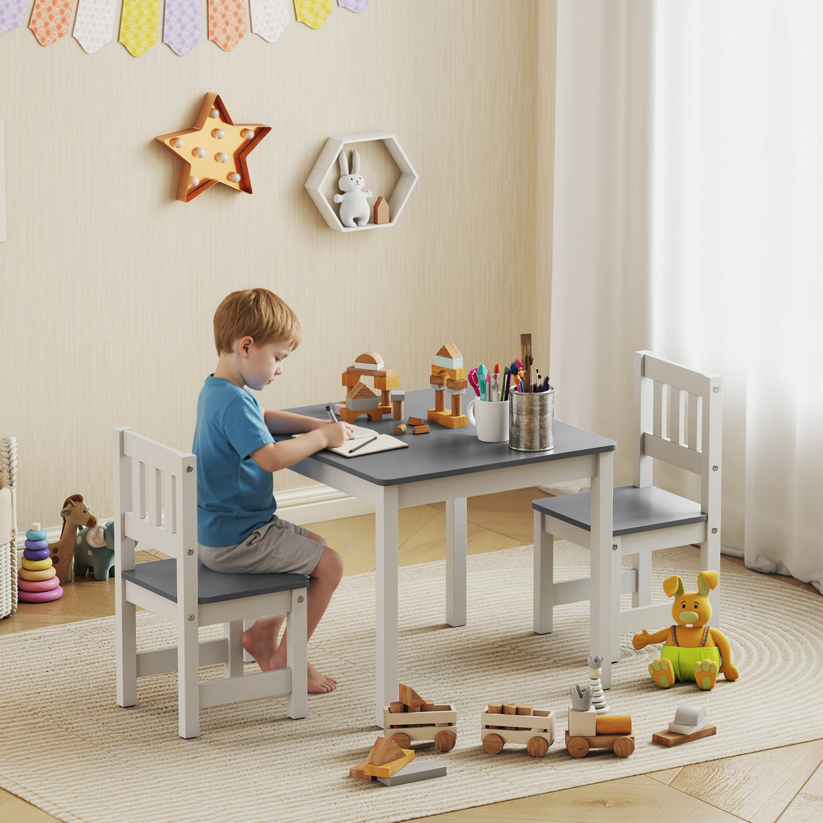 Kindertafel met 2 stoelen, 3-delige kindermeubelset, zitgroep voor kinderen, kindermeubels, 56 x 52 x 48 cm (2)