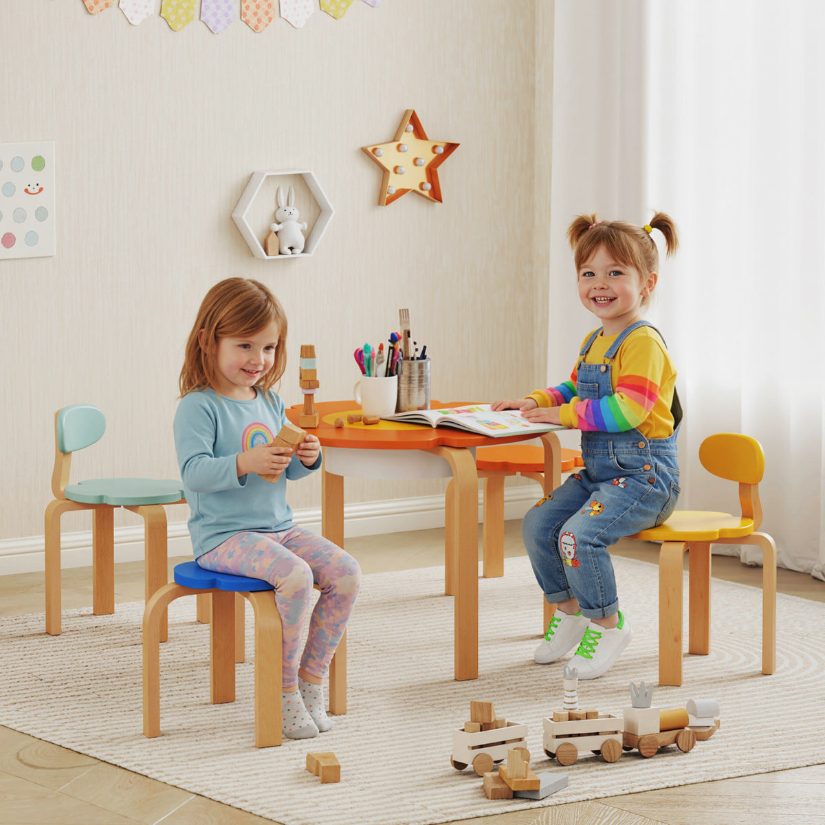 5-delige kindertafel- en stoelenset, met opbergtas, bloemvorm, voor speelkamer, kinderkamer, hout, kleurrijk (2)