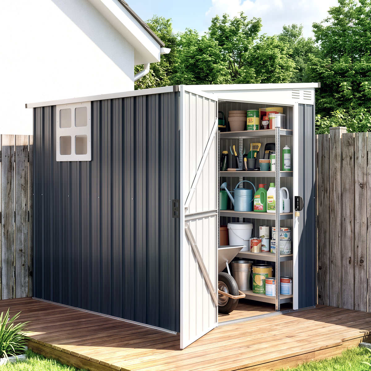 Tuinhuisje, gereedschapsschuur voor tuingereedschap, ramen, ventilatieopeningen, afsluitbaar, staal, donkergrijs (2)