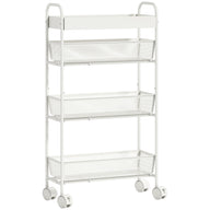 Keukenwagen van metaal, 3 manden, smal design, 4 wielen, voor keuken, woonkamer, badkamer, wit