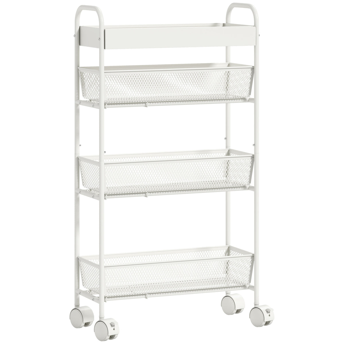 Keukenwagen van metaal, 3 manden, smal design, 4 wielen, voor keuken, woonkamer, badkamer, wit
