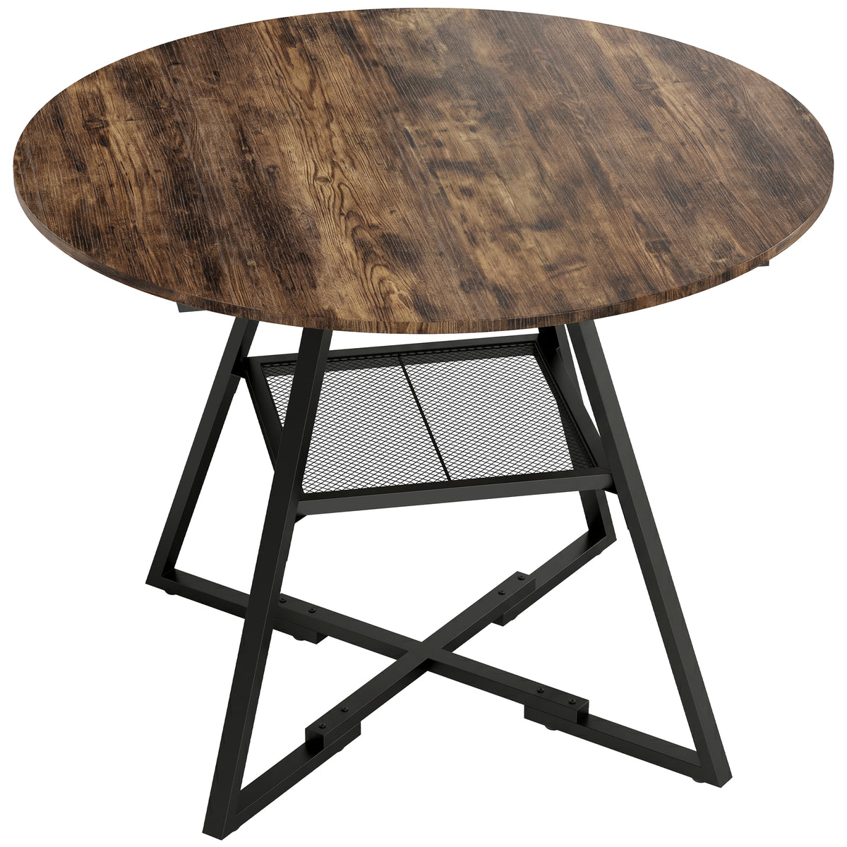 Eettafel voor 4 personen, 100 cm ronde industriële keukentafel met opbergplank, tafelblad in houtlook, rustiek