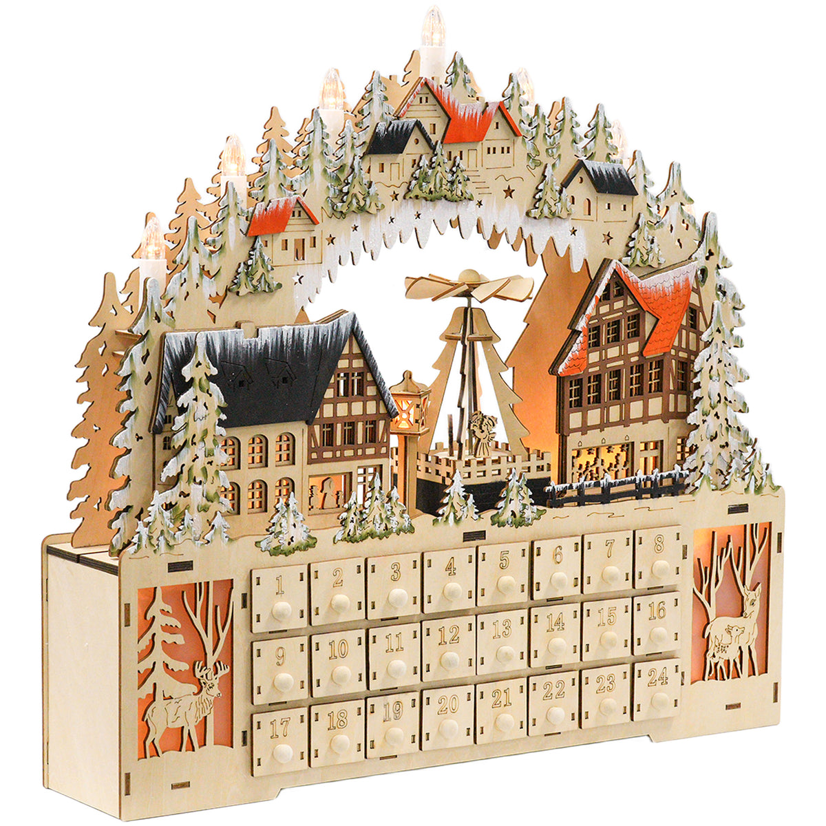 Adventskalender, kerstdorp, 18 ledlampjes, 24 lades, herbruikbaar, 45 x 9 x 42,5 cm