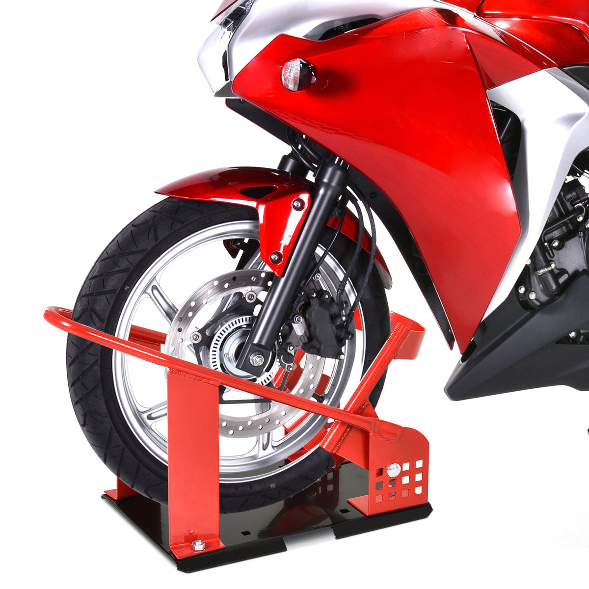 Motorfietsstandaard voor 80-155 mm voorwiel, instelbare motorwip met 12 verstelbare voorgeboorde gaten tot 450 (2)