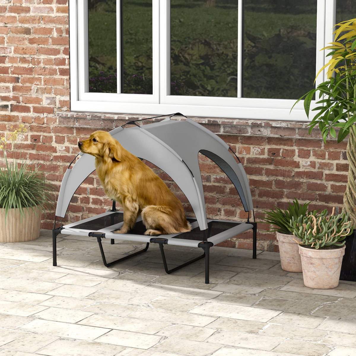Hondenbed, outdoor-hondenbed, weerbestendig, verhoogd frame, 106 x 76 x 94 cm, lichtgrijs (2)