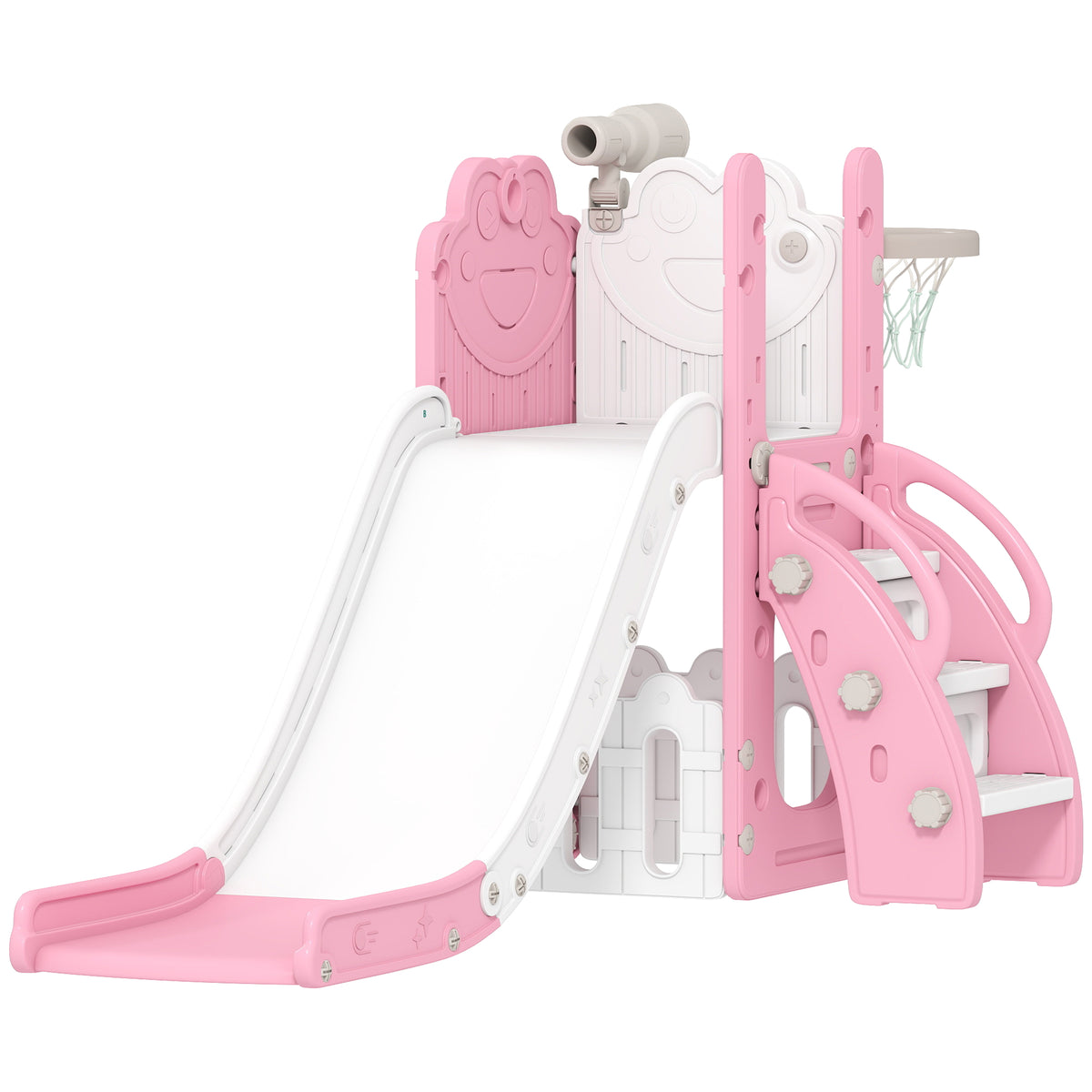 5-in-1 kinderglijbaan-set, telescoop, basketbalring, HDPE, kunststof, roze+wit