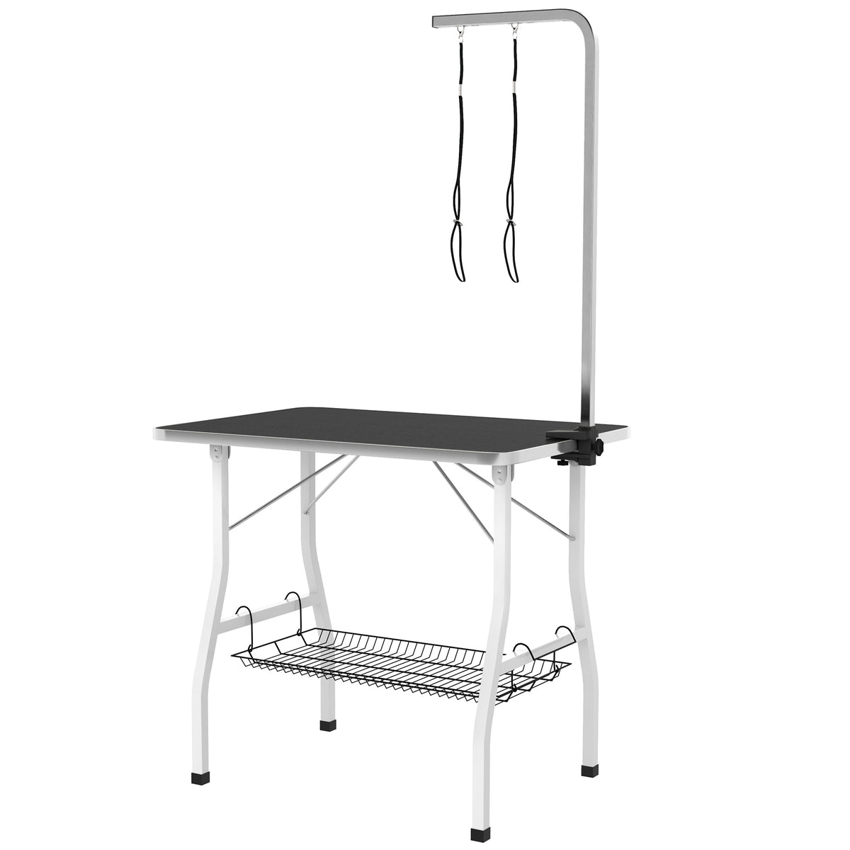 Trimsalon-tafel, trimtafel met verstelbare arm, opbergvak, rubberen oppervlak, 90 x 60 x 76 cm, zwart