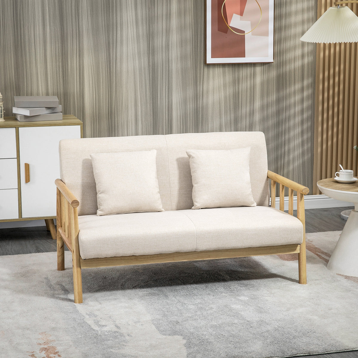 2-zitsbank, stoffen bekleding in linnenlook, compact, tot 200 kg, houten frame, 123L x 69B x 74H cm, beige (2)