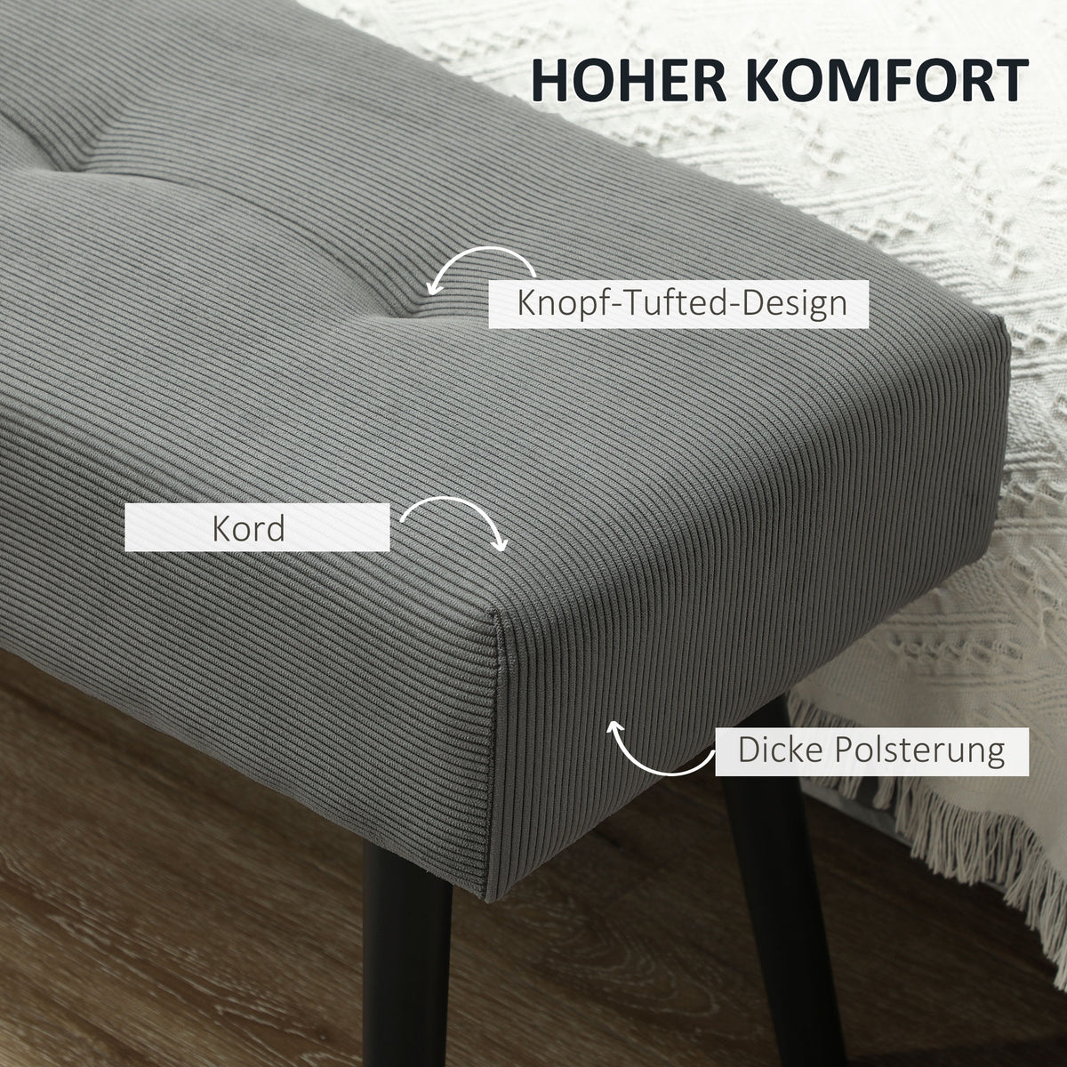 Gestoffeerde bank met corduroy bekleding, slaapbank met metalen poten, schoenenbank 100 x 36 x 45 cm grijs (4)