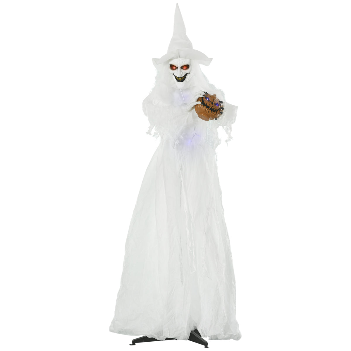 189 cm witte heks met pompoenkop, levensgrote Halloween-buitendecoratie