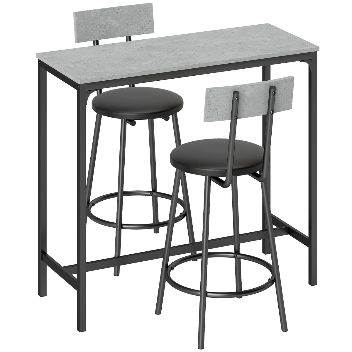Bartafel met barkrukset, statafel met 2 gestoffeerde krukken met voetensteun voor eetkamer, kleine ruimte, grijs