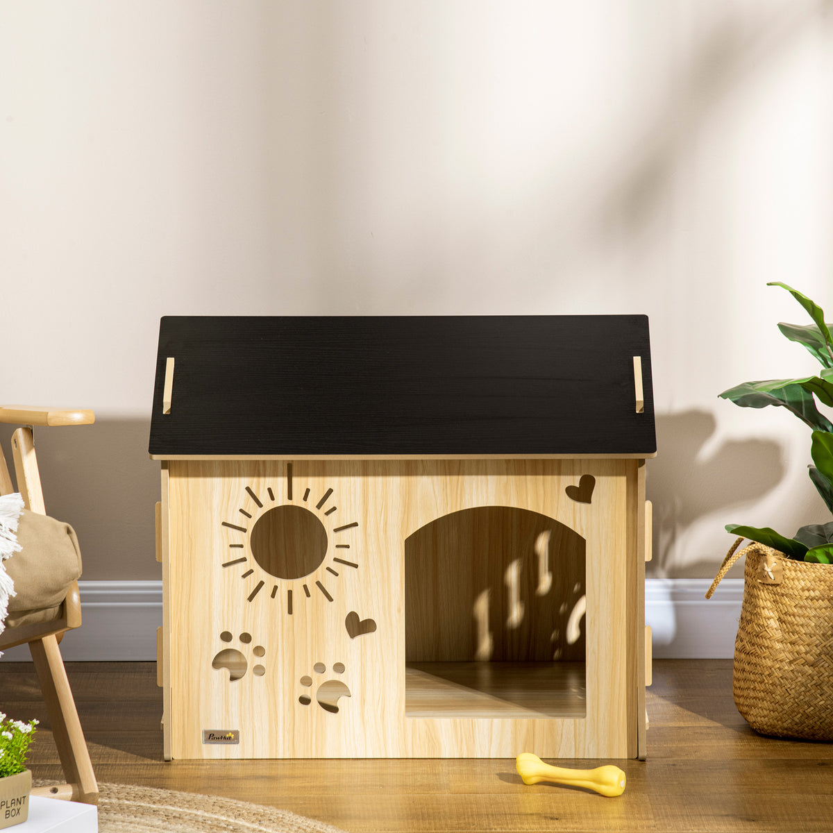 Hondenhok, met ventilatieopeningen, weerbestendig, houtmateriaal, zwart + houtkleur, 69 x 50 x 58,5 cm (2)