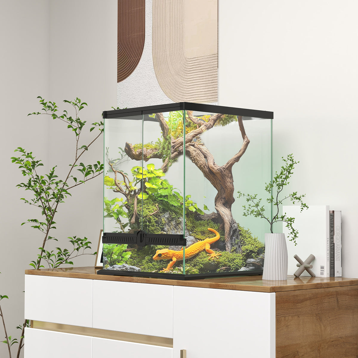 Terrarium, glazen behuizing, afsluitbaar, kabelmanagement, 45x45x60cm, zwart (2)