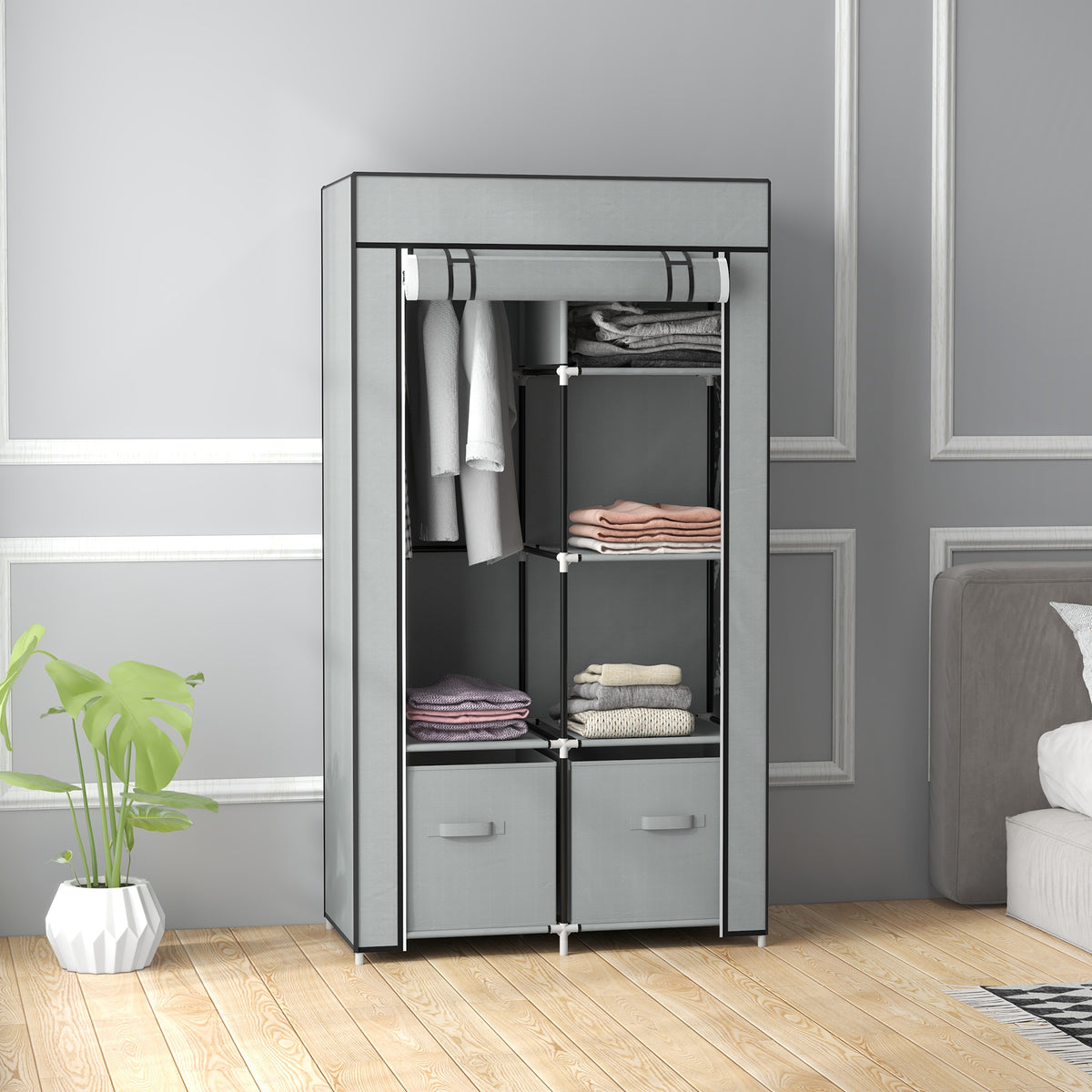Kledingkast stoffen kast 1 kledingroede, 2 lades, 83 x 42,5 x 162,5 cm, grijs (2)
