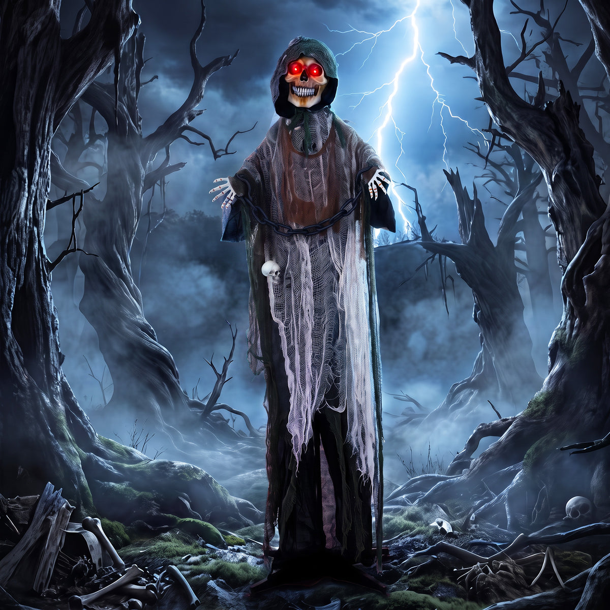 Geanimeerde Magere Hein, 170 cm, levensgrote Halloween-animatronic met bewegende handen/hoofd, lichtgevende ogen (2)