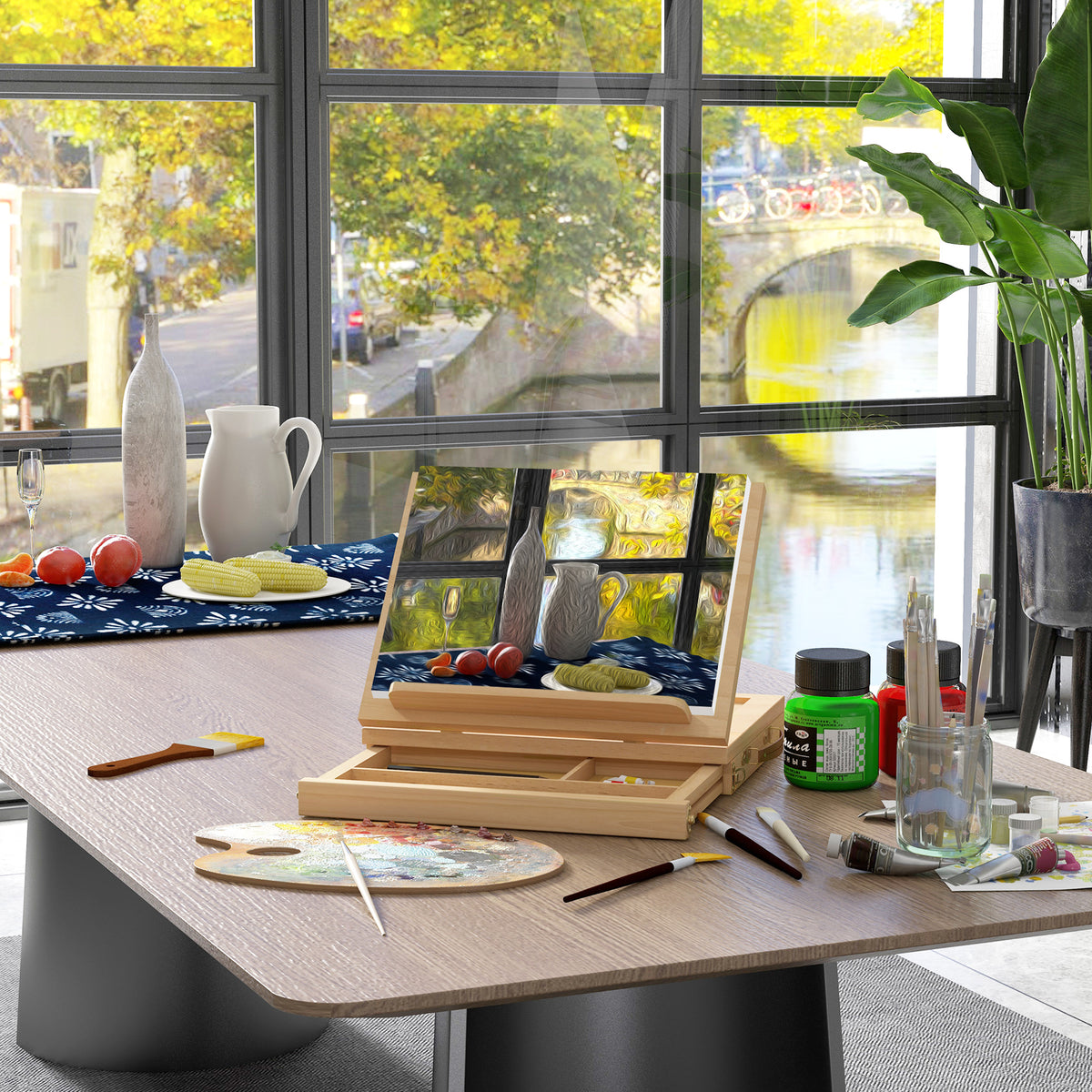 Tafel-ezel, kleine ezel, 1 lade, 3 vakken, massief hout, naturel (2)
