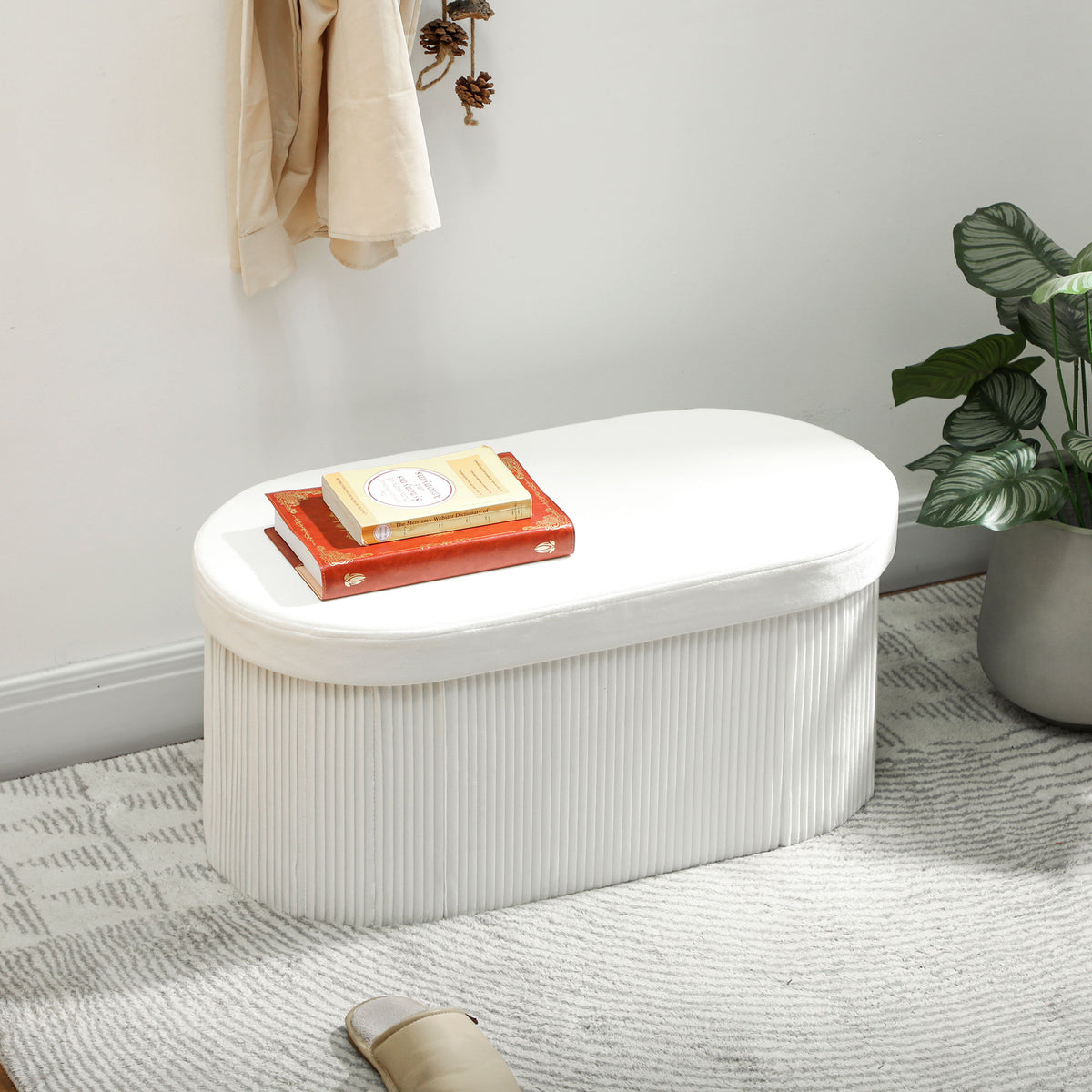 Opbergbank inklapbaar, gestoffeerde bank met fluweel-look voor woonkamer 76 x 38 x 35 cm crème (2)