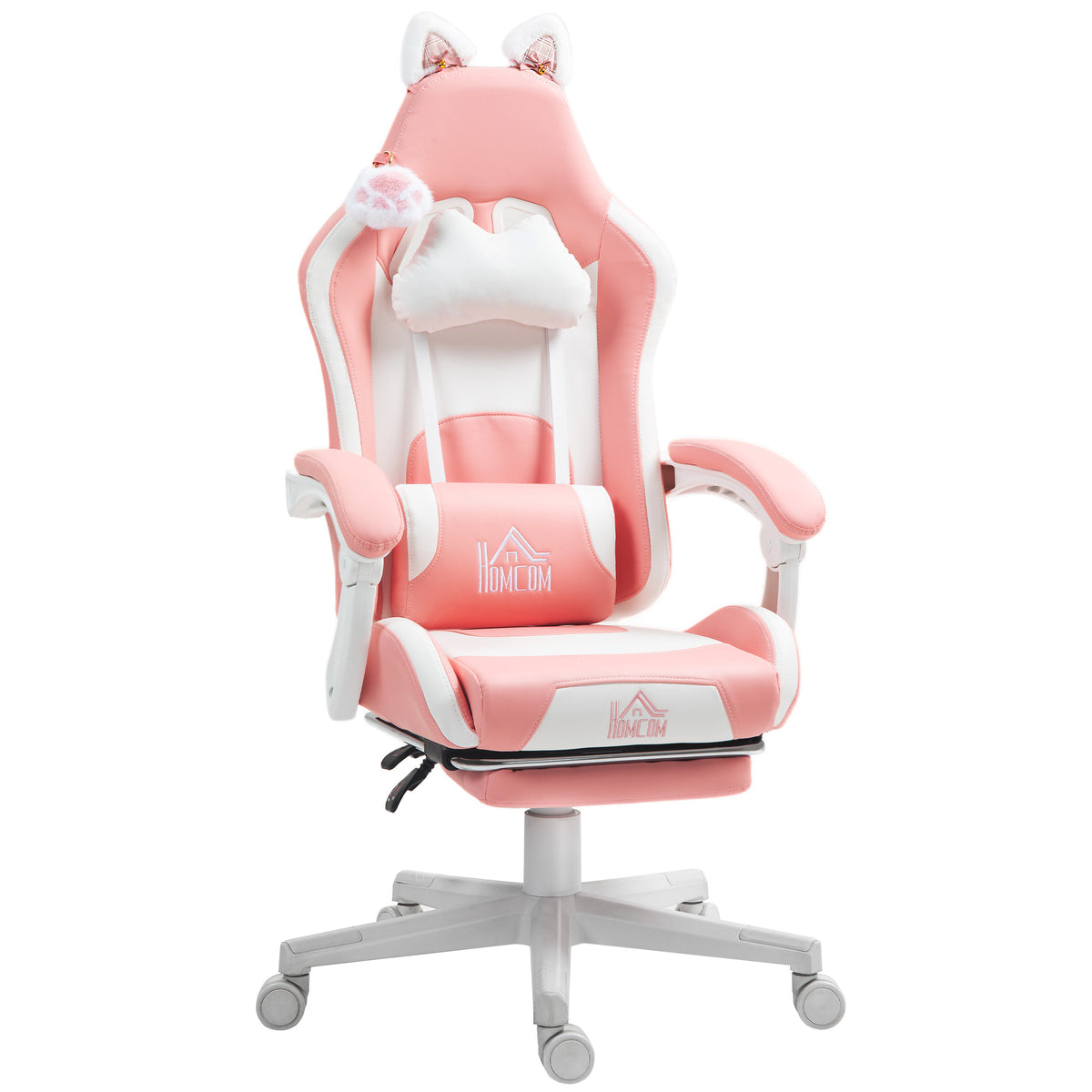 Gaming-stoel met kattenoren, verstelbare rugleuning, uitschuifbare voetensteun, tot 120 kg, roze/wit