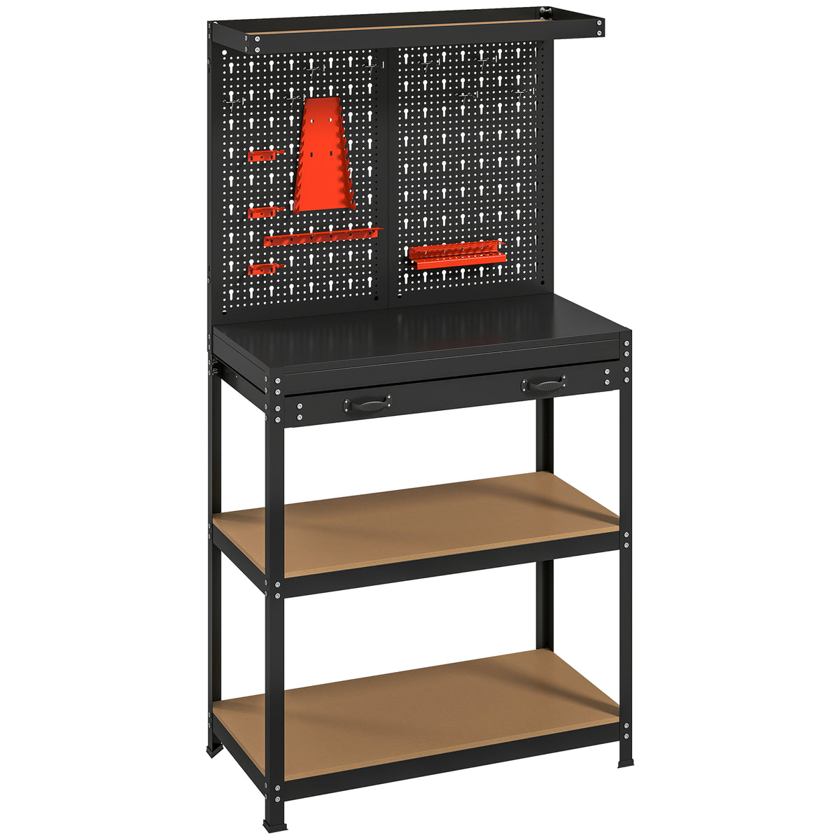 Werkbank 80 x 40,5 x 155 cm werkbank met geperforeerde wand, haken, lade, 2 legplanken voor werkplaats zwart
